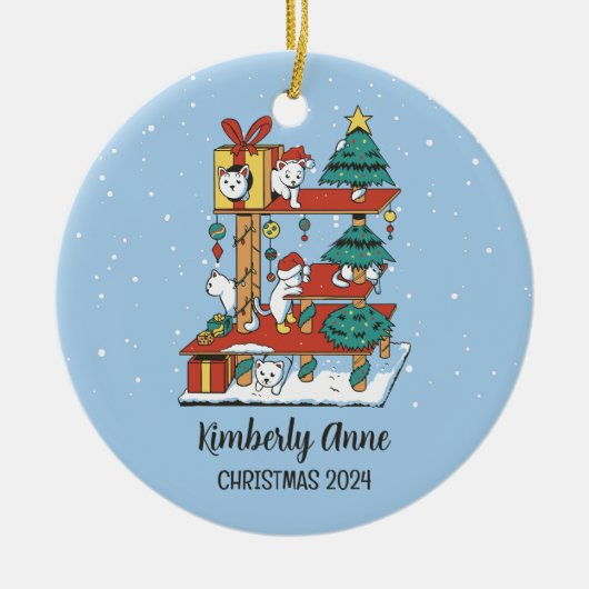 Niedliche Katze Weihnachten Kätzchen Schnee Winter Keramik Ornament (Vorne)