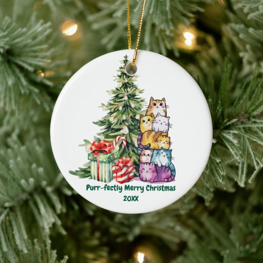 Niedliche Katze & Weihnachtsbaum, Wasserfarbe, ein Keramik Ornament (Baum)
