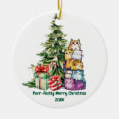 Niedliche Katze & Weihnachtsbaum, Wasserfarbe, ein Keramik Ornament (Vorne)