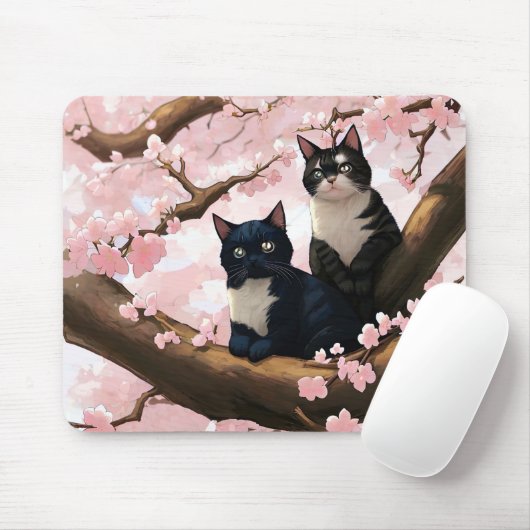 Niedliche Katzen auf einem Kirschblütenbaum Mousepad (Mit Mouse)