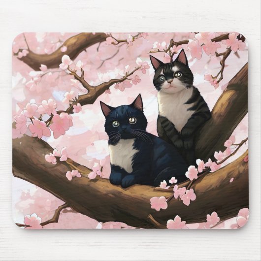 Niedliche Katzen auf einem Kirschblütenbaum Mousepad (Vorne)