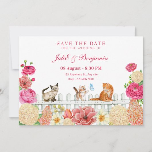 Niedliche Katzen Blume Hochzeit Save The Date (Vorderseite)