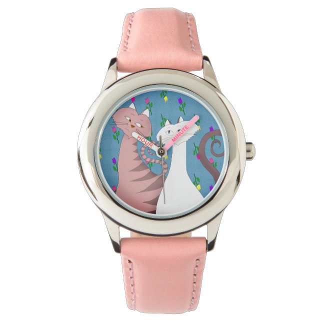 Niedliche Katzen Blumenhintergrund Girl's Pink Wat Armbanduhr (Vorderseite)