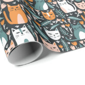 Niedliche Katzen Botanisches Blumenmuster Farbiges Geschenkpapier (Rolleneckpunkt)