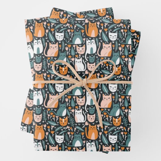 Niedliche Katzen Botanisches Blumenmuster Farbiges Geschenkpapier Set (Beispiel)