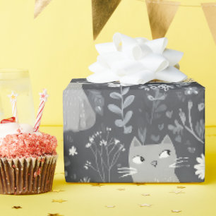 Niedliche Katzen Botanisches Blumenmuster Grau Wei Geschenkpapier