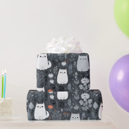 Niedliche Katzen Botanisches Blumenmuster Grau Wei Geschenkpapier