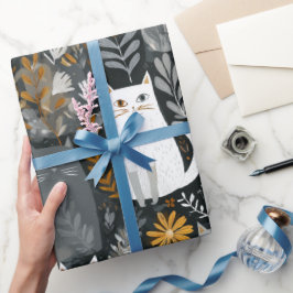 Niedliche Katzen Botanisches Blumenmuster Grau Wei Geschenkpapier