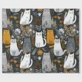 Niedliche Katzen Botanisches Blumenmuster Grau Wei Geschenkpapier (Flach)