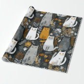 Niedliche Katzen Botanisches Blumenmuster Grau Wei Geschenkpapier (Ungerollt)