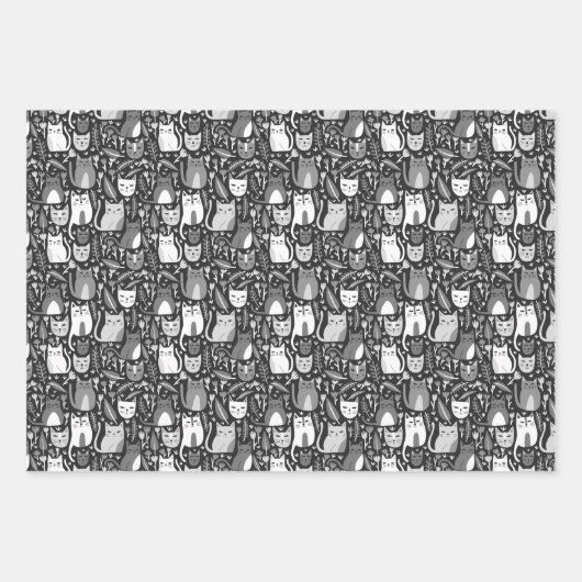 Niedliche Katzen Botanisches Blumenmuster Graues w Geschenkpapier Set (Vorderseite 2)