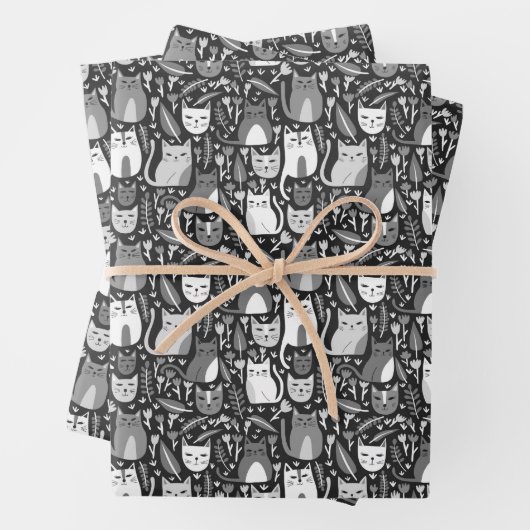 Niedliche Katzen Botanisches Blumenmuster Graues w Geschenkpapier Set (Beispiel)