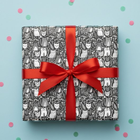 Niedliche Katzen Botanisches Blumenmuster Graues w Geschenkpapier Set