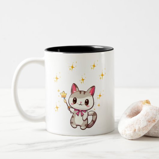 Niedliche Katzen, die Magic Wands Star halten Zweifarbige Tasse (Mit Donut)