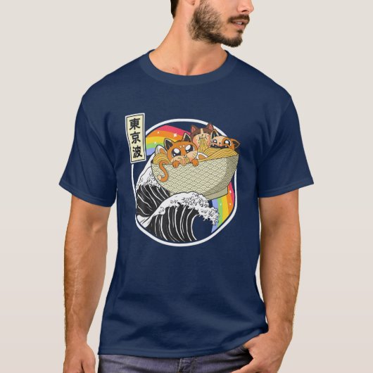 Niedliche Katzen essen Ramen Kanagawa Wave Rainbow T-Shirt (Vorderseite)