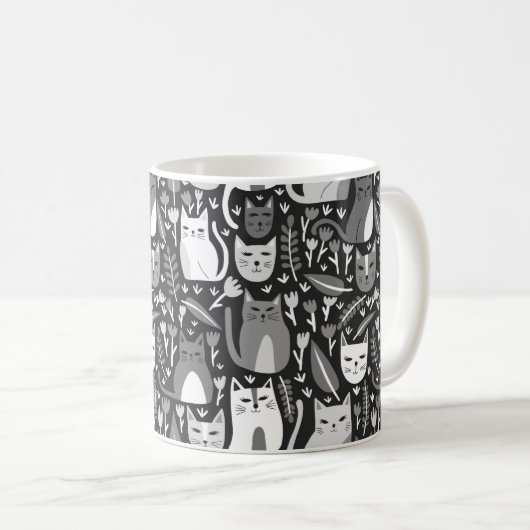Niedliche Katzen Fundus Blumenkitten Muster Schwar Kaffeetasse (VorderseiteRechts)