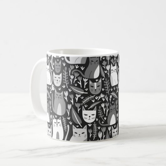 Niedliche Katzen Fundus Blumenkitten Muster Schwar Kaffeetasse (Vorderseite Links)