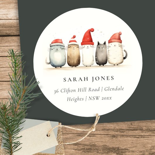 Niedliche Katzen Furcht und helle Weihnachtsadress Runder Aufkleber