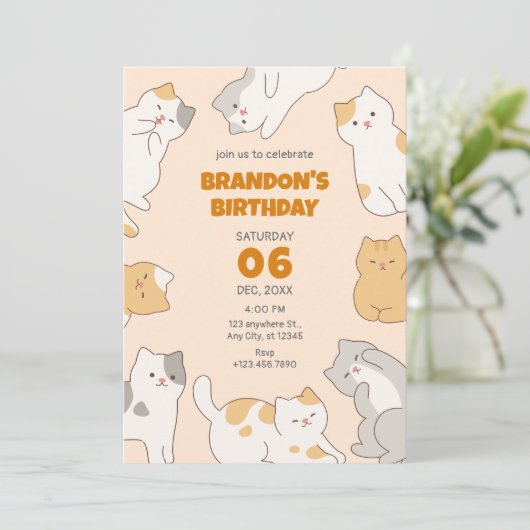 Niedliche Katzen Geburtstag Einladung (Stehend Vorderseite)