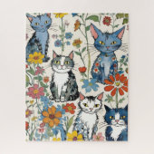 Niedliche Katzen-Illustrationen mit Wildblumen Blu Puzzle (Vertikal)