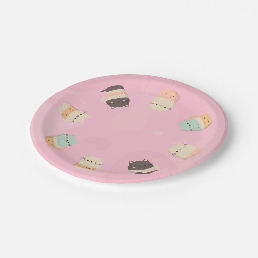 Niedliche Katzen in Bechern auf rosa Untergrund Pappteller (Schrägansicht)