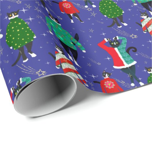 Niedliche Katzen in Ugly Christmas Sweaters Navy Geschenkpapier (Rolleneckpunkt)