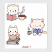 Niedliche Katzen lesen Bücher und trinken Kaffee Aufkleber (Blatt)