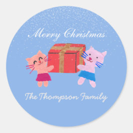 Niedliche Katzen mit Geschenkboxen-Blau Weihnachte Runder Aufkleber