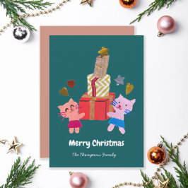 Niedliche Katzen mit Geschenken dunkelgrün Weihnac Feiertagskarte