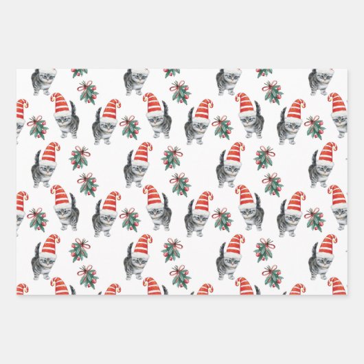 niedliche Katzen mit Weihnachtsmannmütze, melodisc Geschenkpapier Set (Vorderseite)