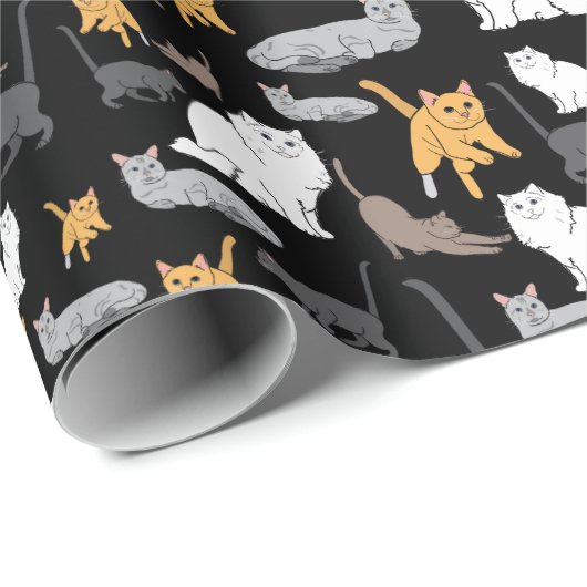 Niedliche Katzen-Muster-Illustration auf schwarzem Geschenkpapier (Rolleneckpunkt)