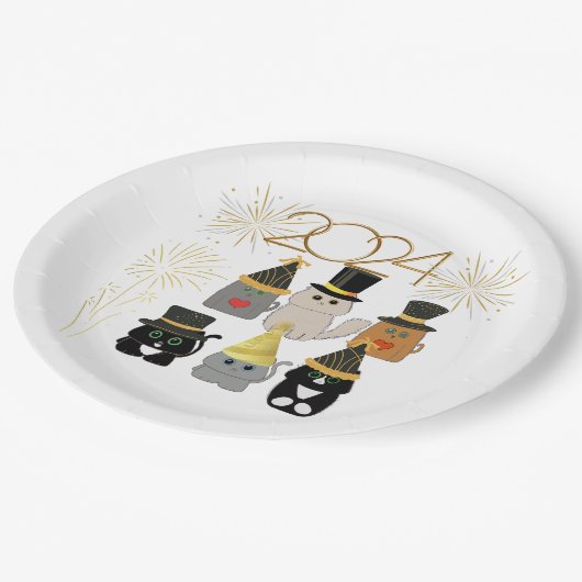 Niedliche Katzen Neujahrsfeier Pappteller (Schrägansicht)