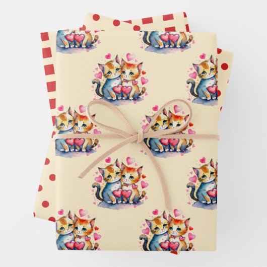 Niedliche Katzen rotes Quadratzmuster Geschenkpapier Set (Beispiel)