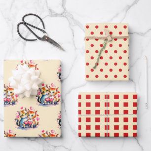 Niedliche Katzen rotes Quadratzmuster Geschenkpapier Set