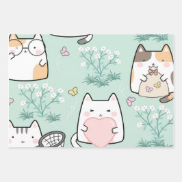 Niedliche Katzen Schmetterlinge Frühlingsdekoupage Geschenkpapier Set