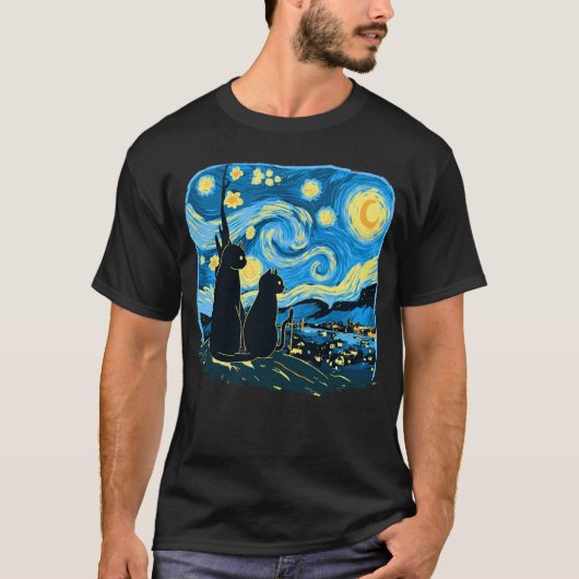 Niedliche Katzen Starry Night Van Gogh Vater Mutte T-Shirt (Vorderseite)