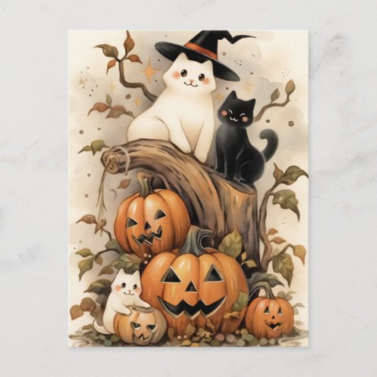 Niedliche Katzen und Kätzchen zu Halloween-Kürbis Postkarte (Vorderseite)