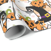 Niedliche KatzenHexe mit Bumkin Halloween Geschenkpapier (Rolleneckpunkt)