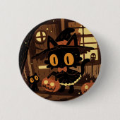 Niedliche KatzenHexe mit Kürbiseimer Button (Vorderseite)