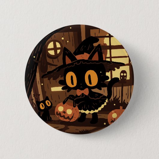 Niedliche KatzenHexe mit Kürbiseimer Button (Vorderseite)