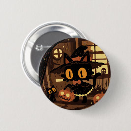 Niedliche KatzenHexe mit Kürbiseimer Button
