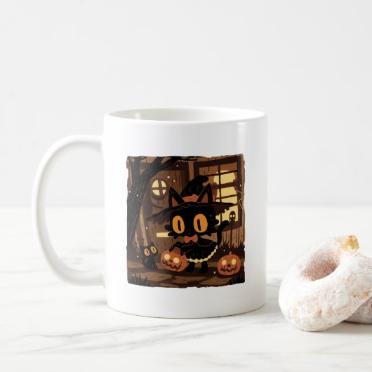 Niedliche KatzenHexe mit Kürbiseimer Kaffeetasse (Mit Donut)