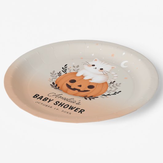 Niedliche Katzenjacke und Kürbiskammdusche Pappteller (Schrägansicht)