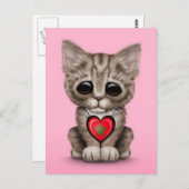 Niedliche Katzenkatze mit Marokko Fahne Herz, rosa Postkarte (Vorne/Hinten)