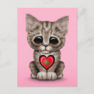 Niedliche Katzenkatze mit Marokko Fahne Herz, rosa Postkarte