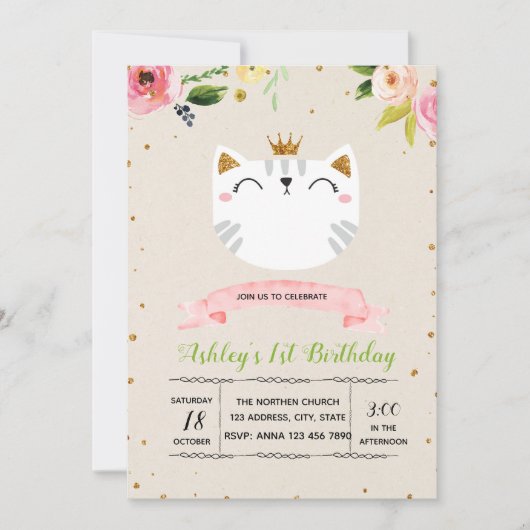 Niedliche Katzenkatze-Party Einladung (Vorderseite)