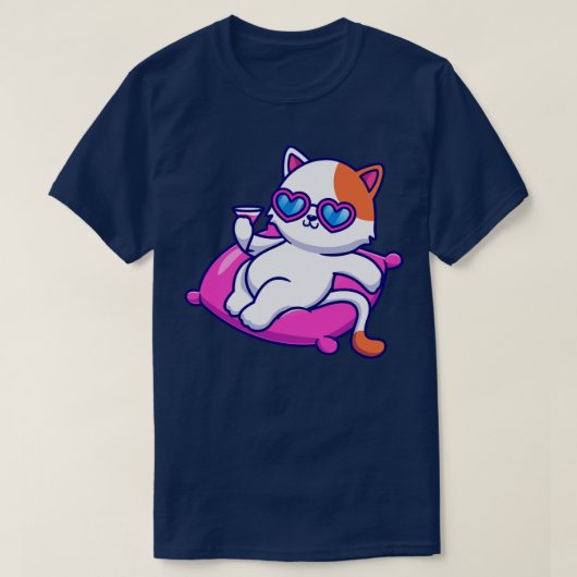 Niedliche Katzenkill auf Kissen mit Saft-Cartoon T-Shirt (Design vorne)