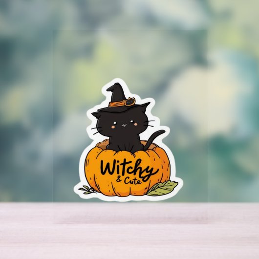 Niedliche Katzenkürbis mit Hexenhut, Kawaii Acrylschild (Neutral)
