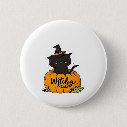 Niedliche Katzenkürbis mit Hexenhut, Kawaii Button (Vorderseite)