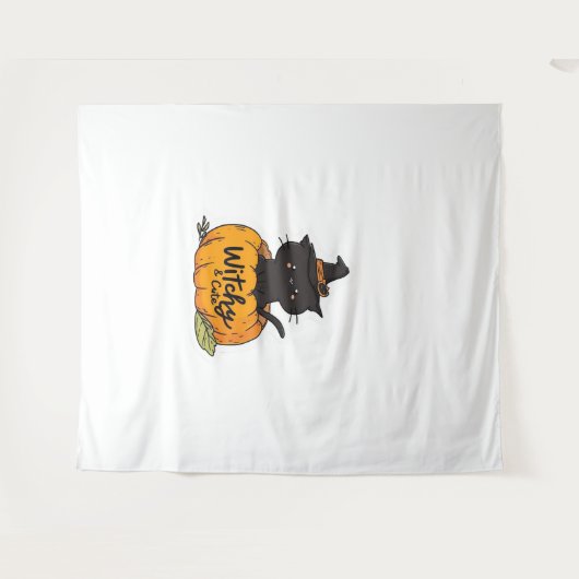 Niedliche Katzenkürbis mit Hexenhut, Kawaii Wandteppich (Vorderseite (Horizontal))